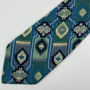 Van Linnen Blue Green Aztec Silk Tie 3.75 wide Length 58 southwest western